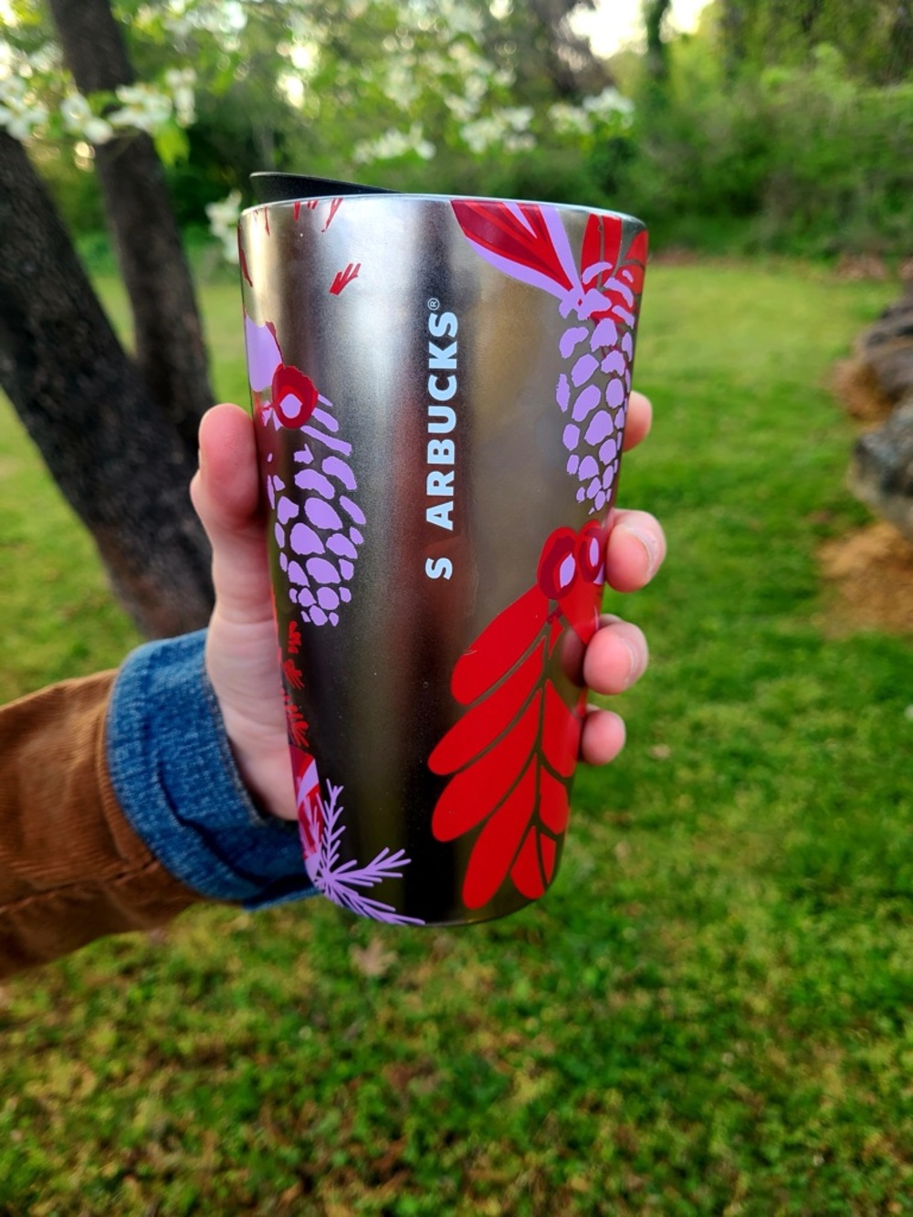 Starbucks Metallic Tumbler with Red & Purple Floral Design